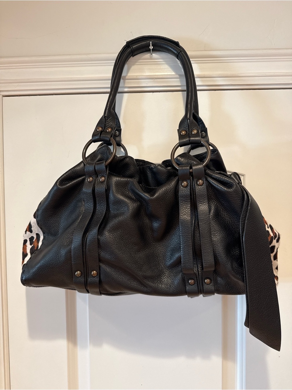 Jessica Simpson Black Slouch Hobo Bag Leopard Print Calf Hair Accent Large Purse